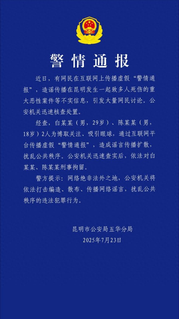 牛点策略 传播虚假“警情通报”，造谣昆明发生多人死伤重大恶性案件，被刑拘